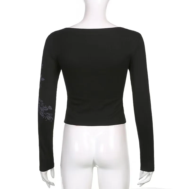 여성용 깃털 날개 프린트 라인스톤 V넥 긴팔 티셔츠 우아한 코튼 슬림핏 크롭탑 풀오버 아메리칸 핫티