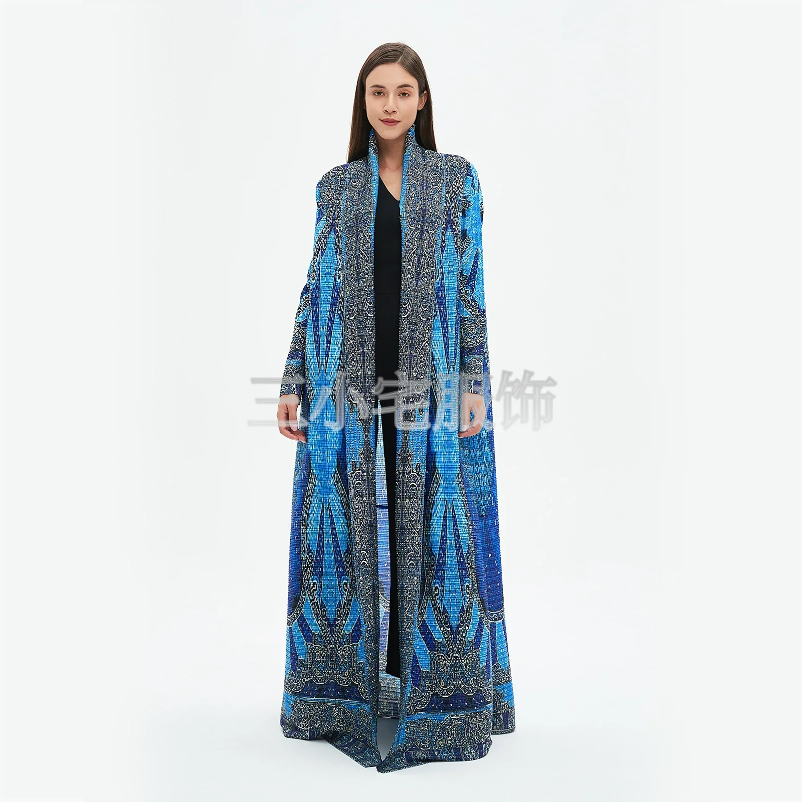 Pleats Pleated Long Sleeve Printed Dress Windbreak Women 2024 Winter New Original Designer Abayas Turndown Collar Belted Coats