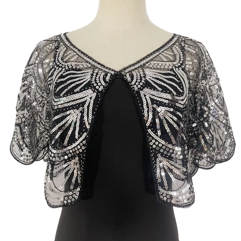 Shiny Ruffle Sequins Poncho Coat Mesh 1920s Theme Short Cape Multicolor Short Cape Sequins Shawls Ladies