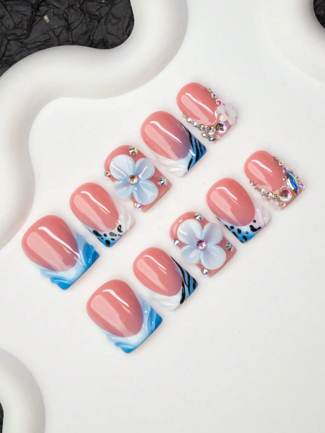 

10pcs/Set Handmade Square Nail Tips, Y2K Baddie Style, Nude, White, Blue Color With French Edge, Zebra Print, Carved Floral, Rhi