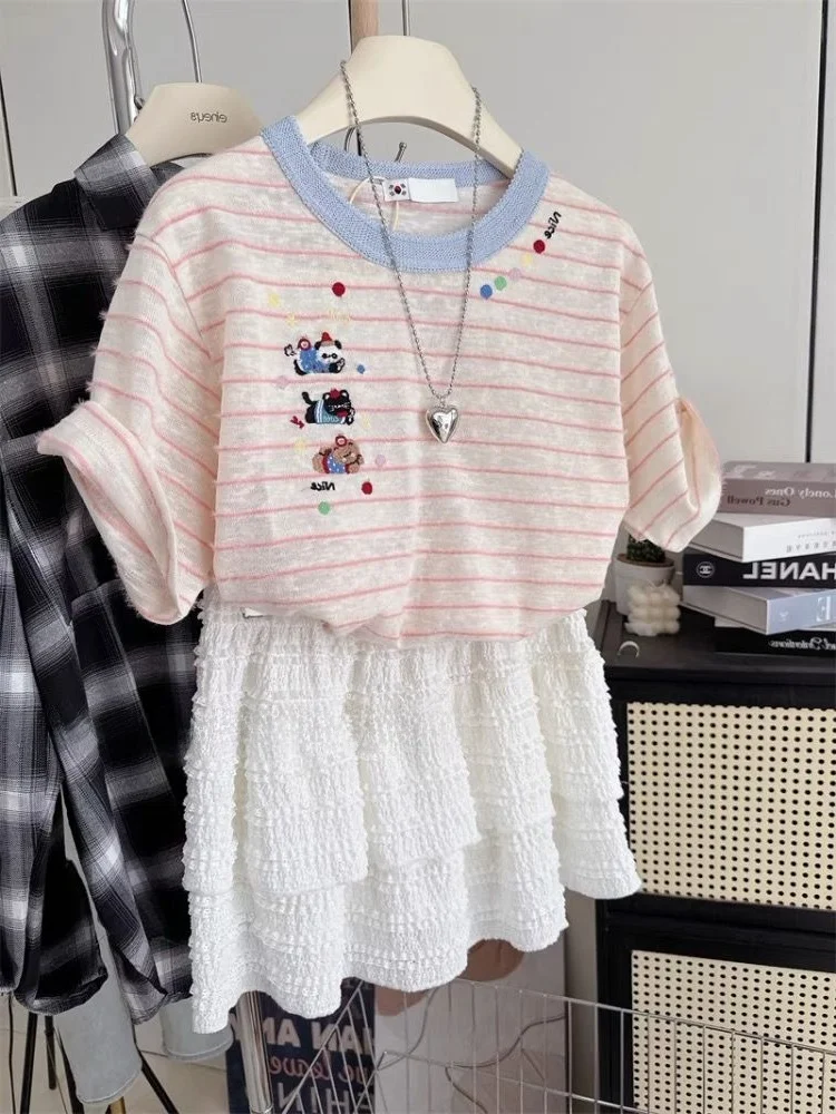 

plus Size Women's Summer T-Shirt Short Sleeve Embroidered Stripes Lightweight Loose Fit Breathable Half Sleeve Shirt