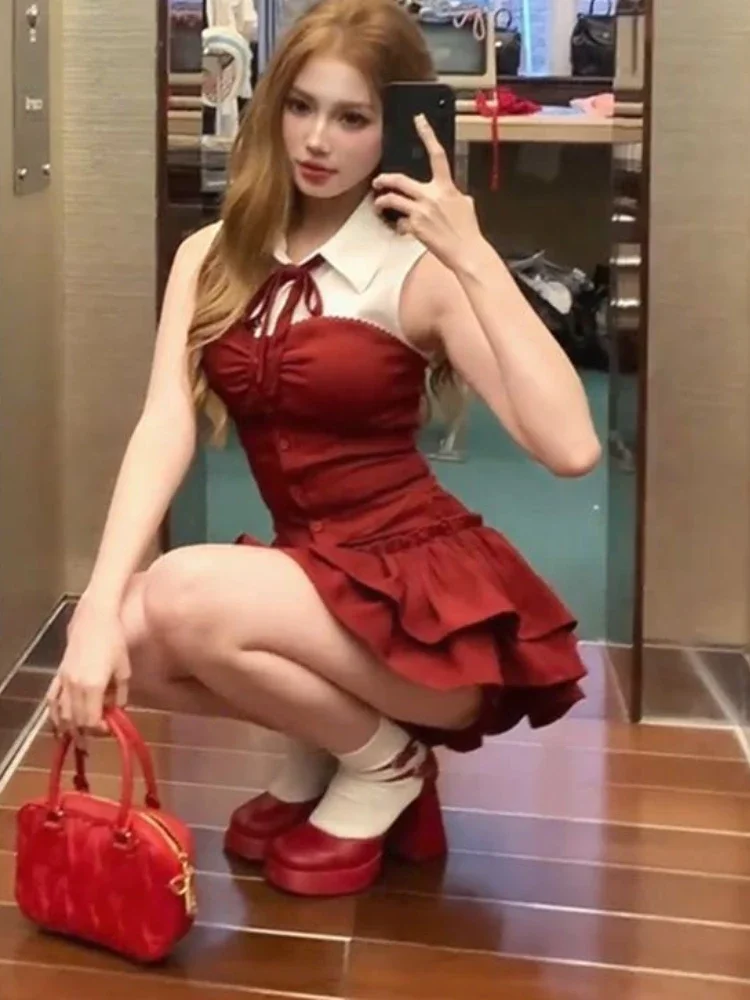 

2025 Kawaii Set Women Red Flared Skirt Set Bow Collar Sexy Chic Stylish Fashion Set Ideal for Party Casual Daily Wear Hot Sale