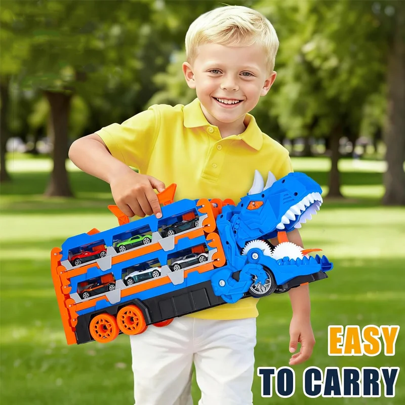 شاحنة نقل الديناصورات مع 12 سيارة سباق مصبوبة لعبة سيارة ديناصور متحولة للأولاد والبنات من سن 3 إلى 5 سنوات هدية للأطفال للعب في الهواء الطلق