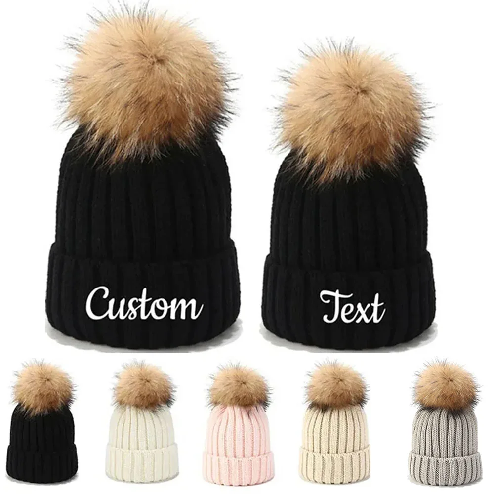 

Personalized Custom Embroidery Text Logo Women Winter PomPom Beanie Hat With Name Kids Baby Boy Girls Warm Child Knit Cap