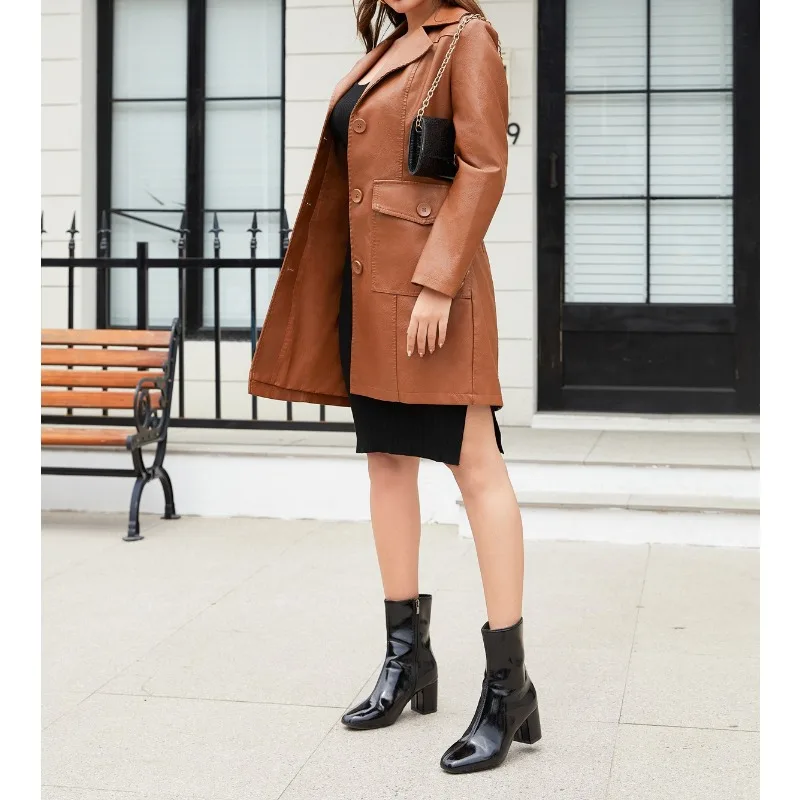 Nowa długa skórzana kurtka na wiosnę 2025, skórzany płaszcz typu trencz z długim rękawem, modna brytyjska kurtka damska z klapami, jednorzędowa.
