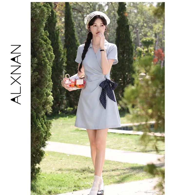 ALXNAN Mini vestido azul para mujer, vestido elegante francés de verano con cintura lateral y lazo de lunares, cuello tipo polo, vestido para mujer DYL661910-8