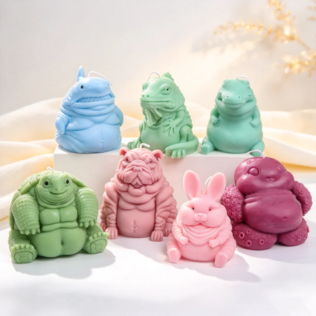 3D Chubby Fat Animal Silicone Candle Molds Shark Crocodile Bulldog Rabbit Turtle Octopus Shape Wax Plaster Mould Gifts Making