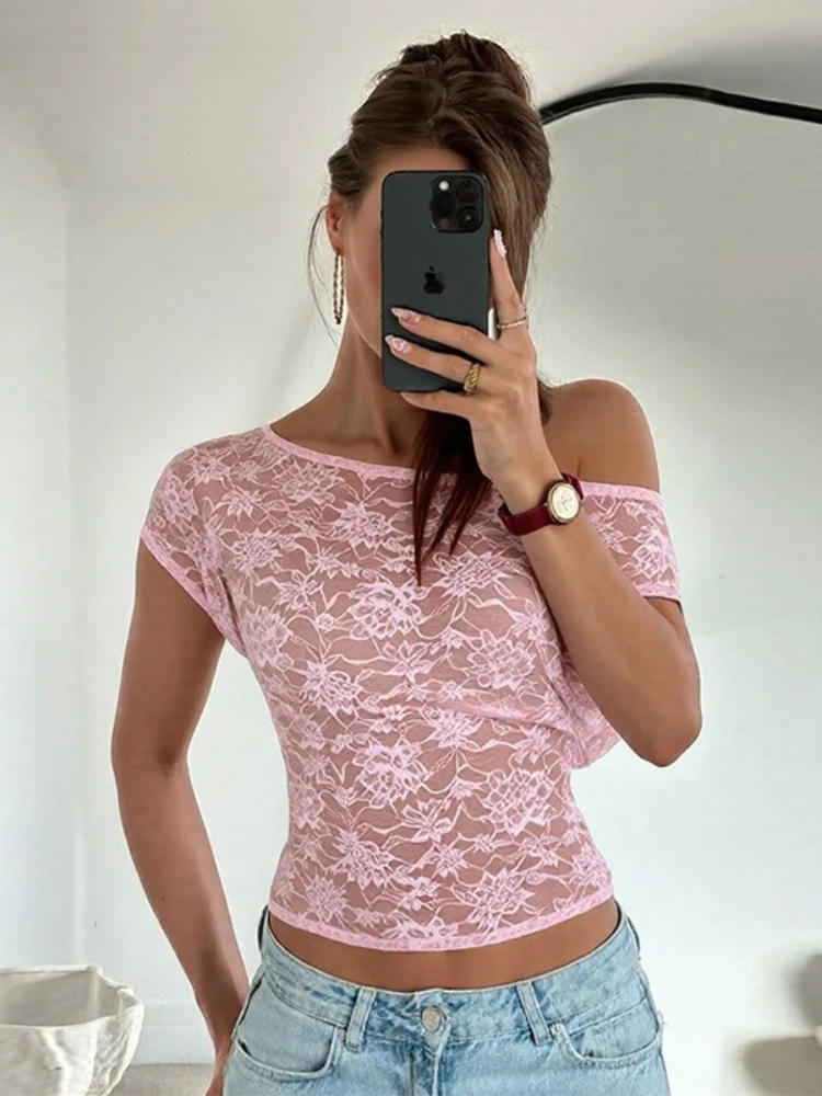 

FDYOUI Diagonal Collar Irregular Lace T-shirt Women One Shoulder Short Sleeve Crop Tops See-through Pink Tee Shirts Streetwear