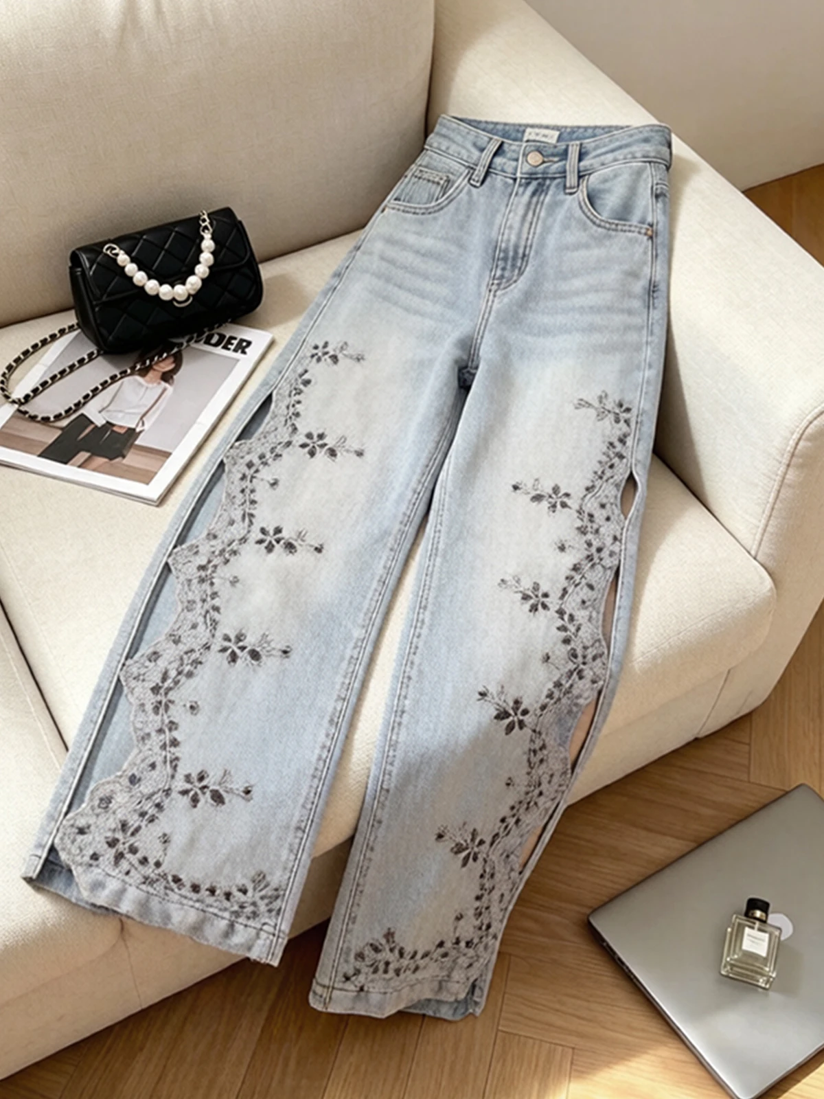 Light Blue High Waist Embroidered Hollow Wide Leg Jeans Women Summer Thin Drape Loose Eighteen Pants Casual Style Machine Emb...