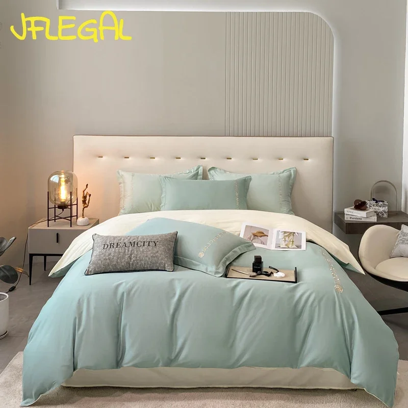 JFLEGAL 100% Cotton 4 Pieces Set Solid Color Bed Sheet Duvet Cover Full Queen Size Soft Bedding Set housse de couette sabanas