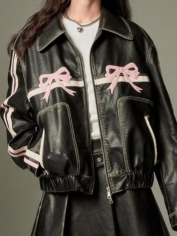 

Retro Women Pink Bow Pu Leather Streetwear Contrasting Hip Hop Harajuku Jacket 2024 Autumn Warm Long Sleeve Zipper Female Coats