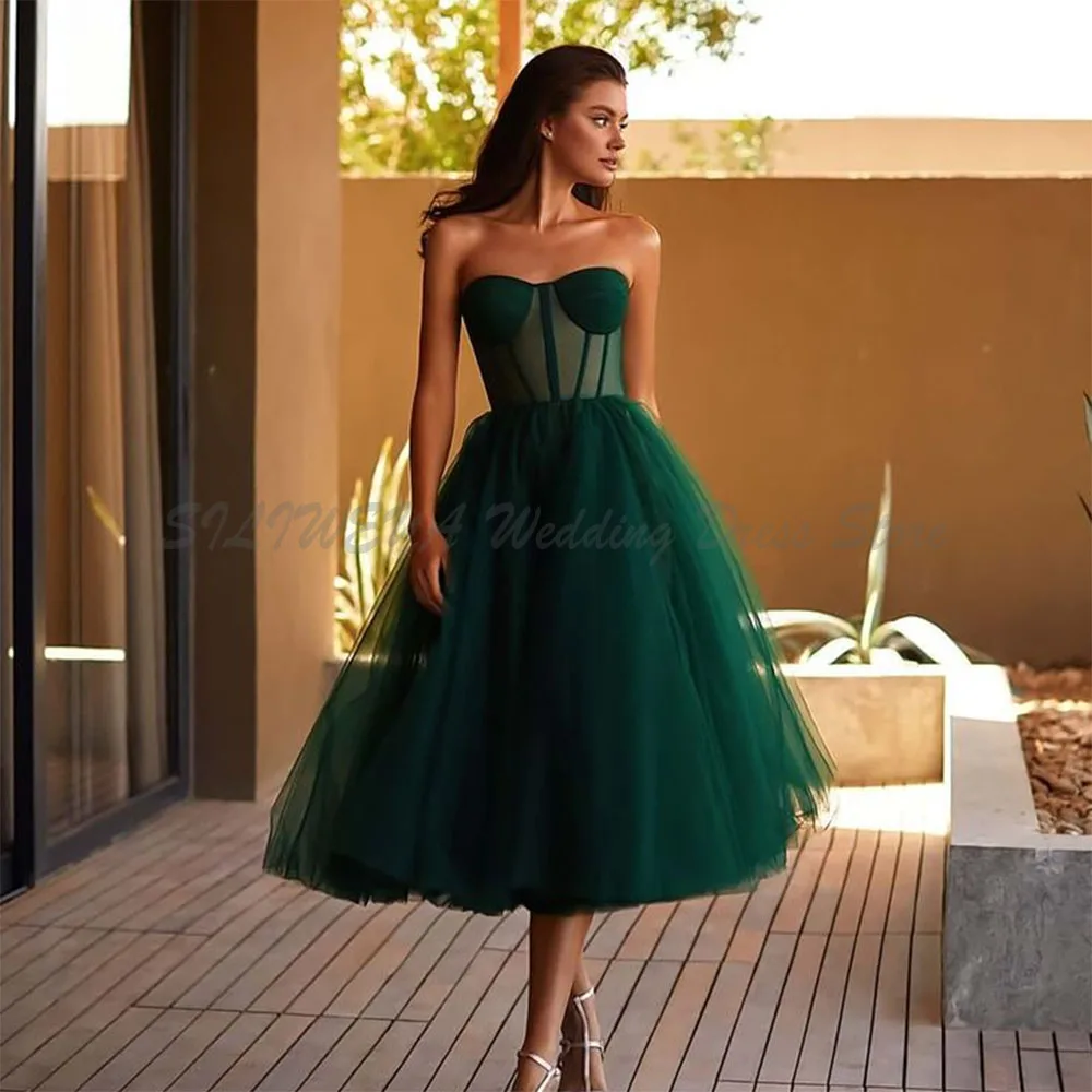 Exquisite Green Wedding dresses Fashion Sleeveless A-Line Strapless Tea length High quality Prom Party Gowns Wedding