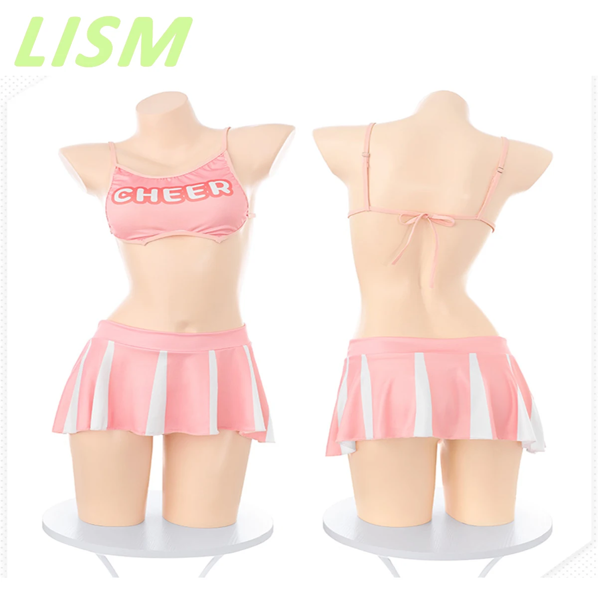 

LISM Women Sweet Sexy Lingerie Two-Piece Set Spaghetti Strap Top Cheerleading Style Ruffled Striped Skirt Intimate Costume