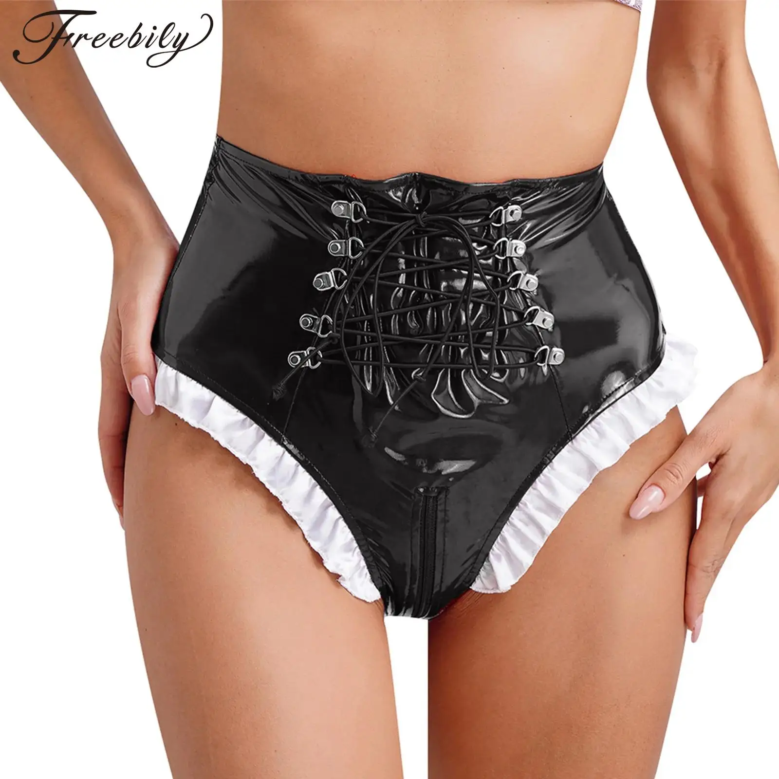 

Womens Wet Look Latex Panties Frilly Maid PVC Knickers High Waist Lace-up Zipper Crotch Underwear Sexy Briefs Lingerie Clubwear