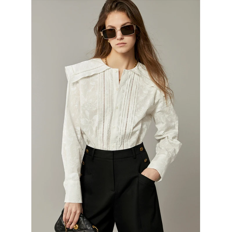 Długi rękaw, bawełniana bluzka wyszczuplająca z granatowym kołnierzykiem, plisowana, zapinana na jeden guzik, koreańska elegancka bluzka jedwabna do pracy dla kobiet.