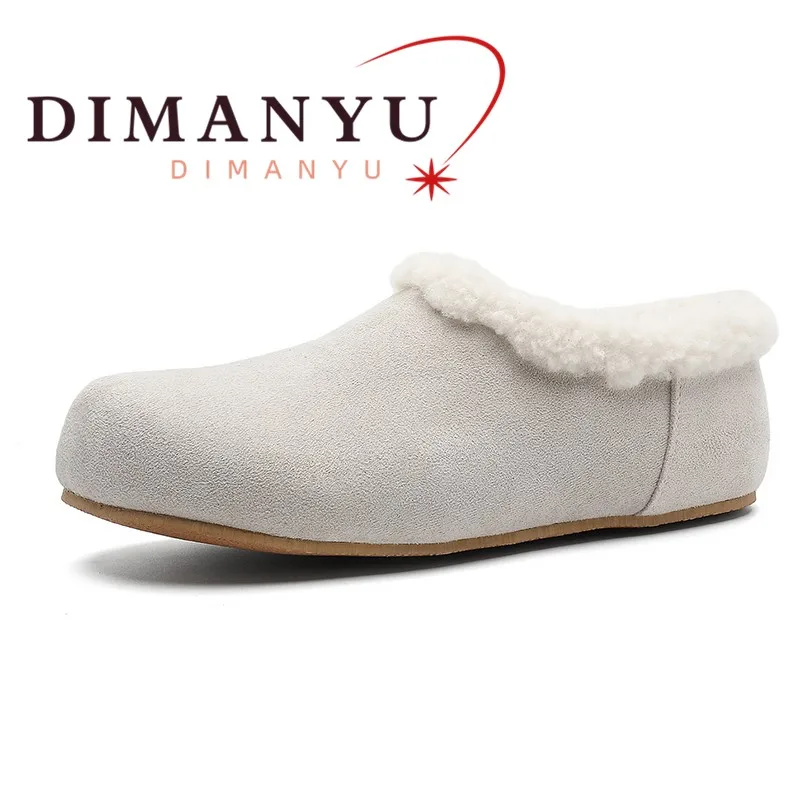 DIMANYU Men Winter Warm Faux Shearling Flat Shoes Slip‑on Mules Slippers Man Plush Lined Non‑Slip Casual Outdoor Home Shoes Man