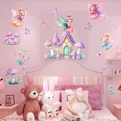 cartoon mushroom castle wall sticker for nursery self adhesive kids room cute fairy wall decal