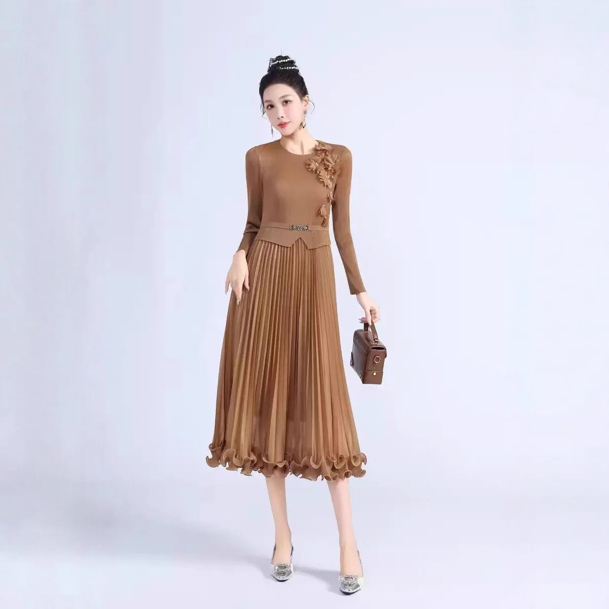 Miyake geplooide schimmelrand losse jurk driedimensionale bloemdecoratie slanke jurk dames