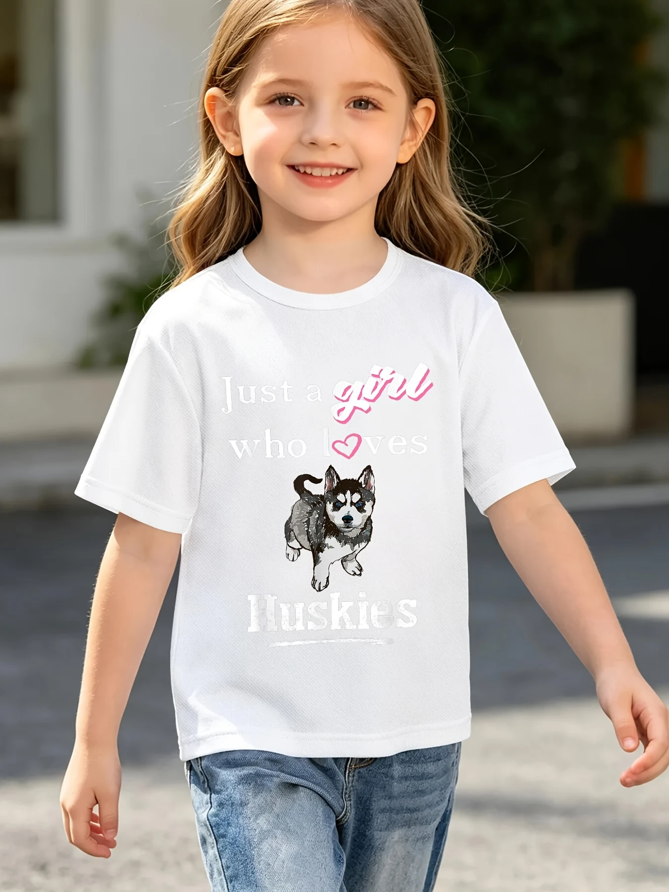 Lovely Husky Puppy With Heart Pattern Graphic T Shirt Boys Girls Sweet Short Sleeve Tee Family Matching Kids Casual Cotton Tops