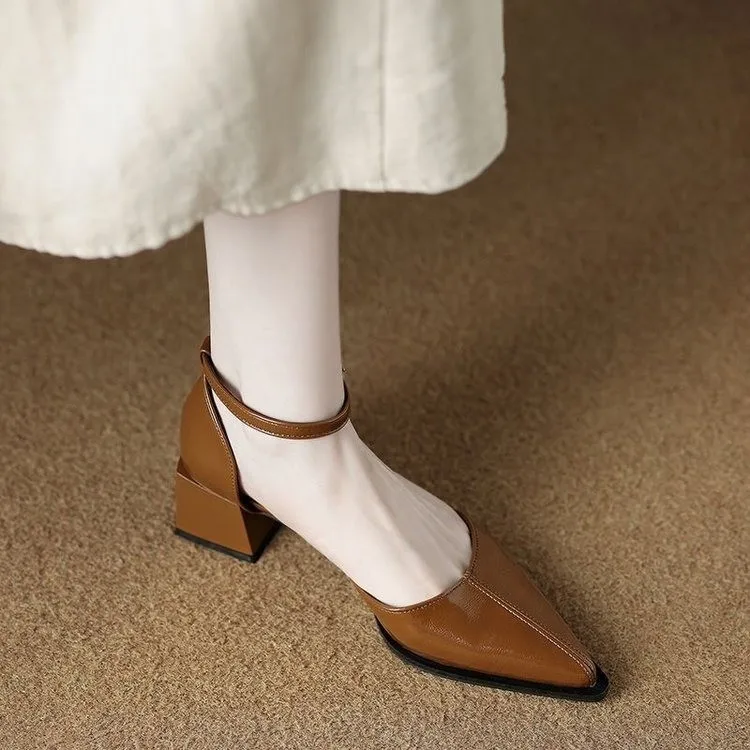 Summer New Square Head Hollowed-out Bowhead Sandals Women\'s Medium Heel Chunky Breathable High Heels