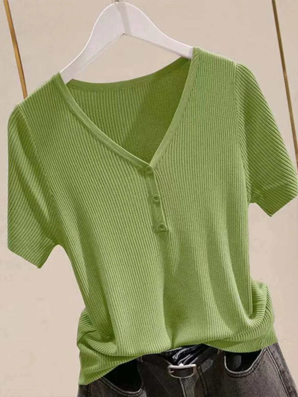 

Spring Summer Ice Silk ort Sve Knitted Top Women's Outerwear Slimming Korean Sle V-Ne Regular Fit Faion Commute