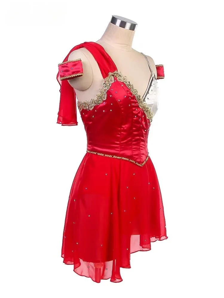 レッドムーン女神バレエパフォーマンスドレス、競技ドレス、ショートシフォンドレス、パフォーマンスドレス、PDEプロフェッショナルカスタマイズ