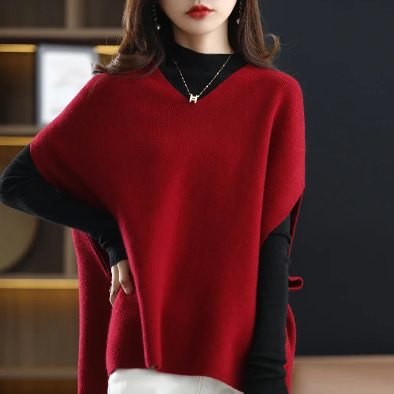 Autumn And Winter New 100% Pure Wool Vest V-Neck Bat Sleeve Thickened Wool Knit Everything Sleeveless Loose Vest