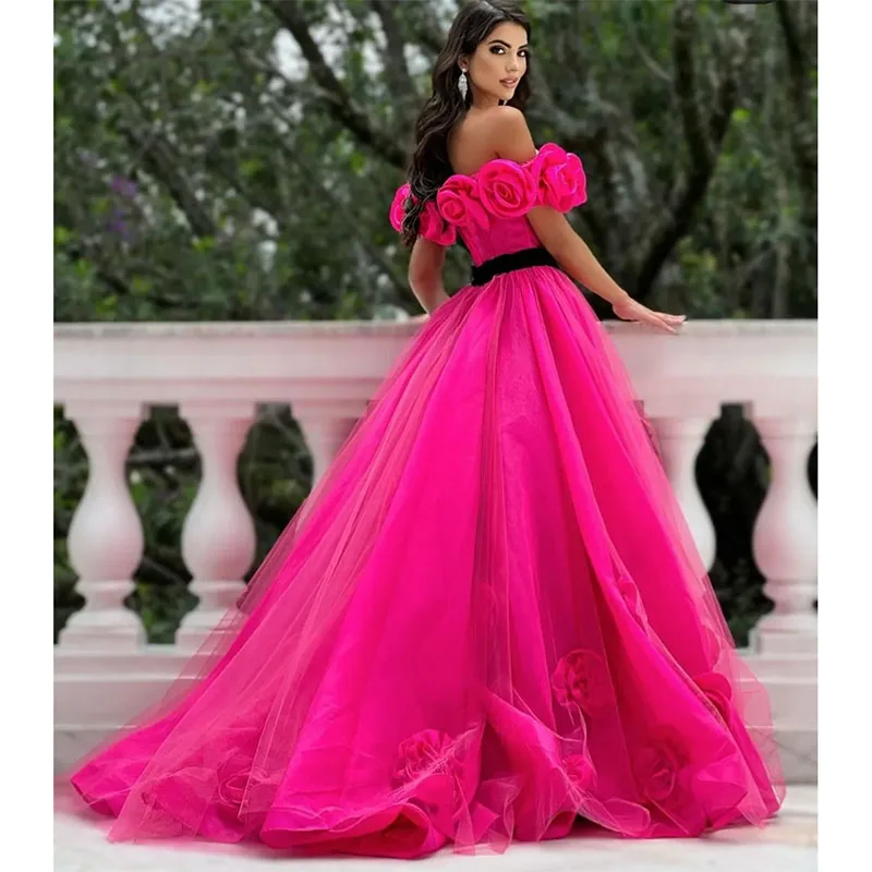 Elegant Long Fuchsia Evening Dresses with Hand Made Flower A-Line Bateau Neck Tulle Pleated Sweep Train Prom Dresses for Women