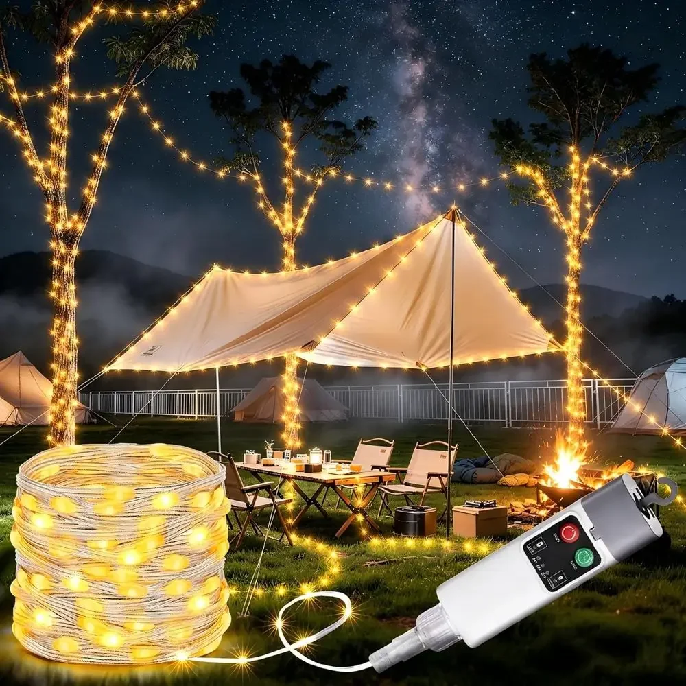Camping String Lights, 66ft 200LED Rechargeable, Warm White | Outdoor Waterproof String Light with 13 Modes for Tent Yard Garden