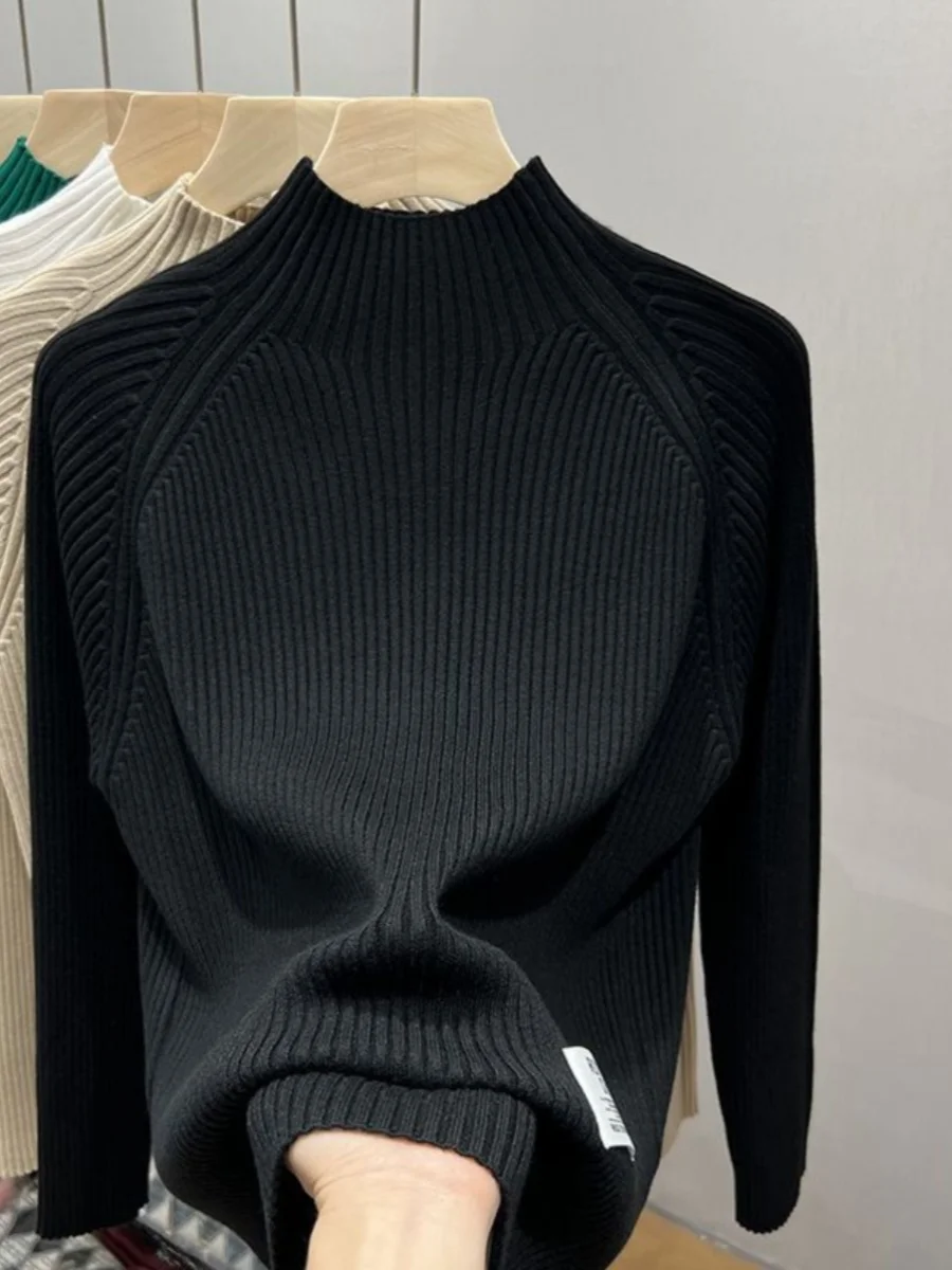 

Свободный женский вязаный свитер с высоким воротником, однотонный, осенне-зимний, новая модная базовая модель для ношения под одеждой