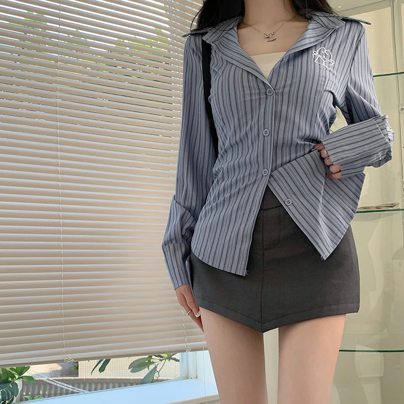 Striped Shirts Women Long Sleeve Slim Fit Single Breasted Japanese Style Students Fashion All-match OL Elegant Designed Tops