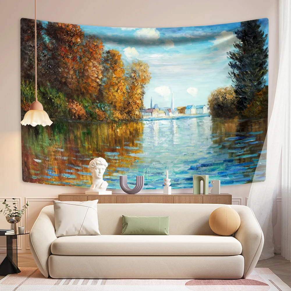 Monet Impressionism Oil Painting Tapestry Water Lily Printed Room Decors Aesthetic Wall Hanging Living Room Background