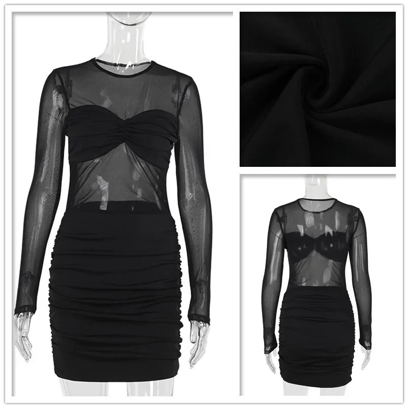 Maille épissage Perspective robe Sexy femmes robe de soirée élégante manches longues moulante Mini automne hiver robe robes