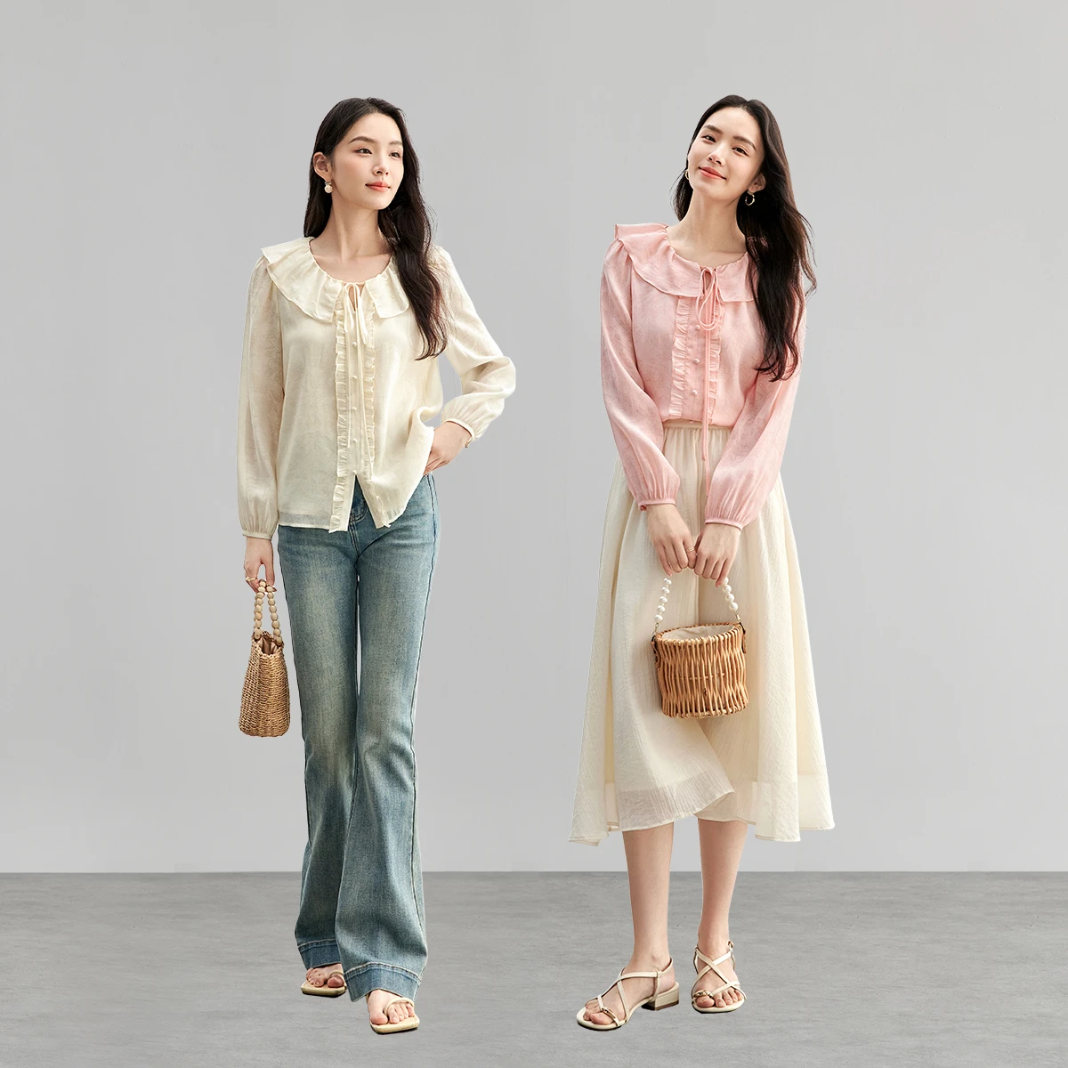 SENTUBILA 여성용 러플 프린트 셔츠 2025 가을 신상 타이 디테일 라운드 넥 블라우스 솔리드 출퇴근 퍼프 슬리브 의류 151C57894