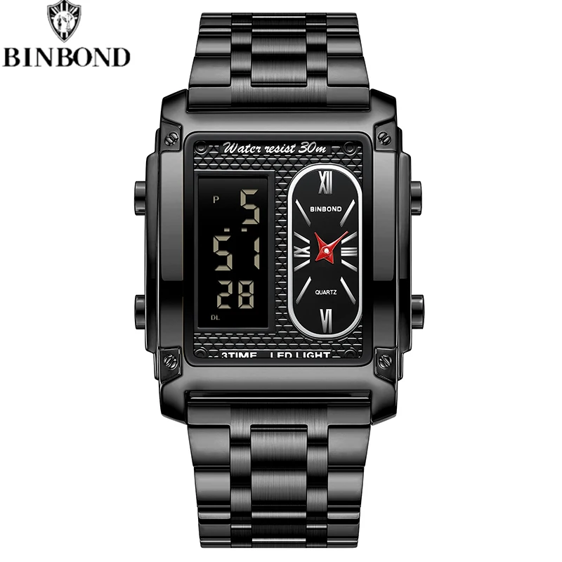 

BINBOND Creative Men Fashion Steel Band Quartz Electronic Watch Dual Movements And Multifunctional Waterproof Youth Men Watches