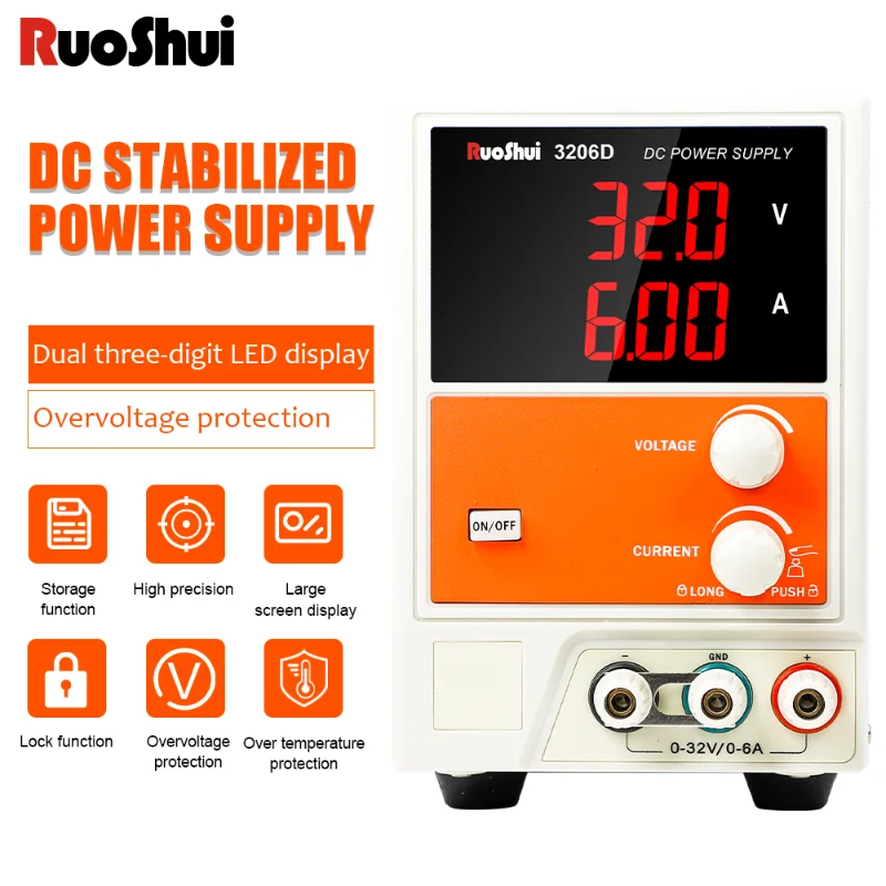 

RuoShui 3206 DC Power Supply Regulated Switch Adjustable 32V 6A Single Channel 4Bits 220V Input OVP Mobile Phone Repair Advanced