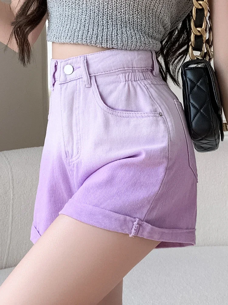 Gradient Purple Pink Denim Shorts Girls Summer New High Waist Rolled Jeans Shorts Female Hot Short Pants Streetwear Fashion