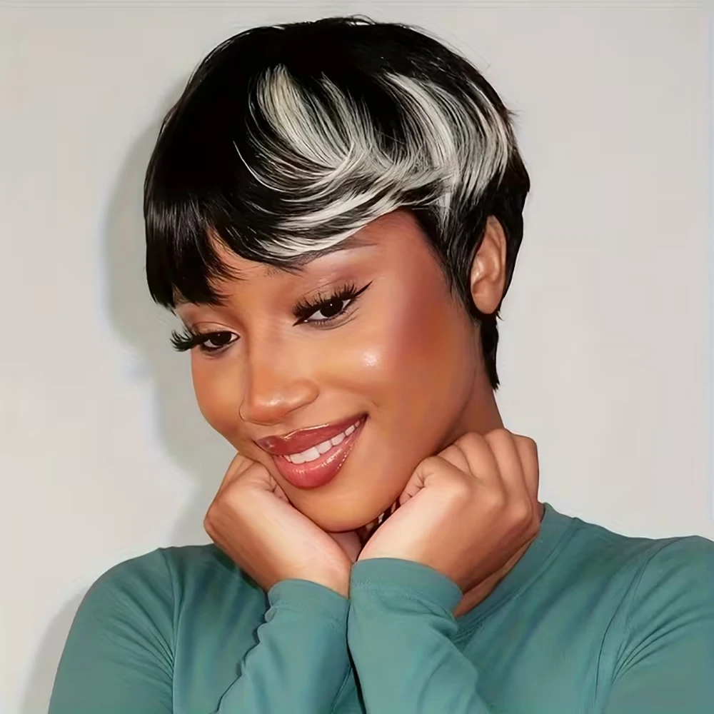 Cinza destaque curto pixie corte peruca de cabelo humano peruca reta com pré arrancado franja cabelo remy brasileiro para mulher máquina feita boné