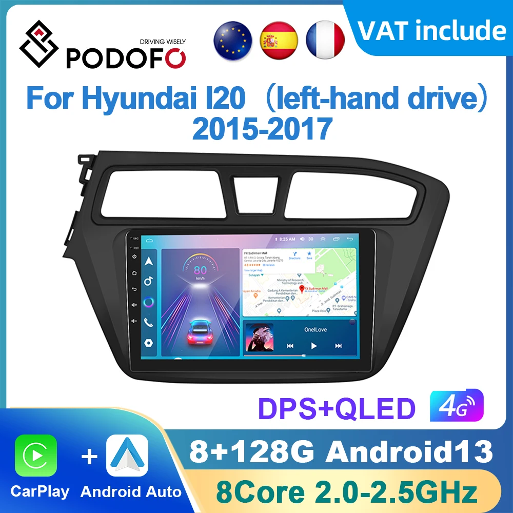 Podofo AI Voice Android Carplay Car Radio For Hyundai I20 2015-2017 Android Auto 4G Multimedia Player GPS Navigation RDS Radio