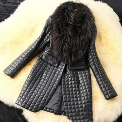 

2025 Oversized Raccoon Fur Collar Sheepskin Simulation Leather Cotton Leather Jacket Women's Medium and Long Coat
