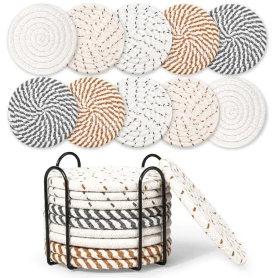 

10 Pcs Drink Coasters with Holder, 5 s sornt ostrs or rinks, Minimalist Boho Coasters Cotton Woven Coaster Set for Home Decor T