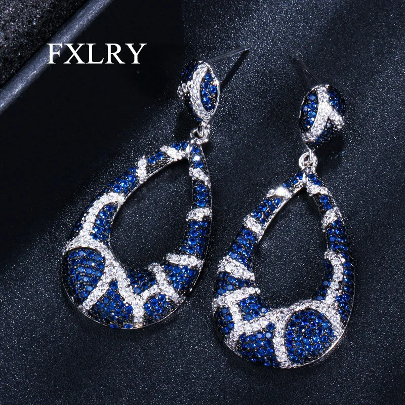 

FXLRY Luxury White Blue Color Water Drop Chunky Large Long Dangle CZ Engagement Earrings For Women Party Wedding Jewelry