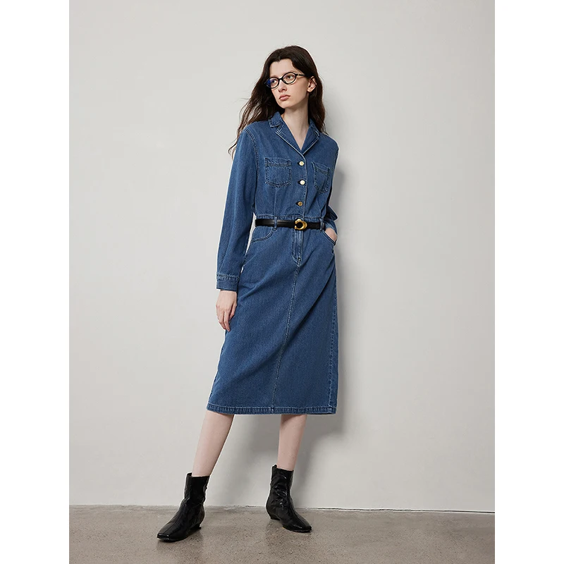 TOYOUTH Women Denim Dress 2024 Autumn New Mid Length Long Sleeve Lapel Collar A Line Elegant Streetwear Knee Length Dress