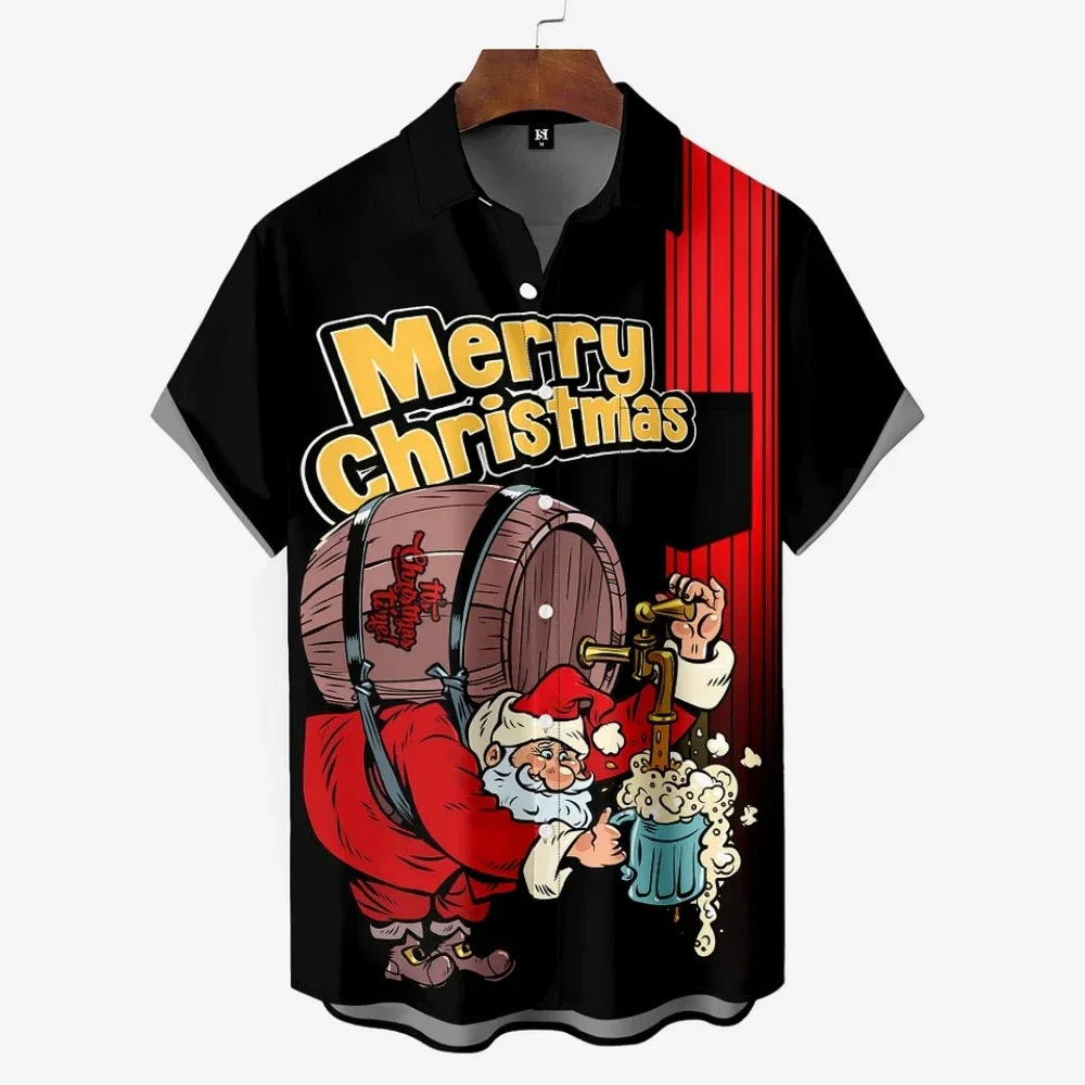 

2025 Christmas Graphic Santa Claus Men's Shirts Hawaiian Harajuku Tops Short Print Tee Lapel Fashion Holiday Oversized Clothes