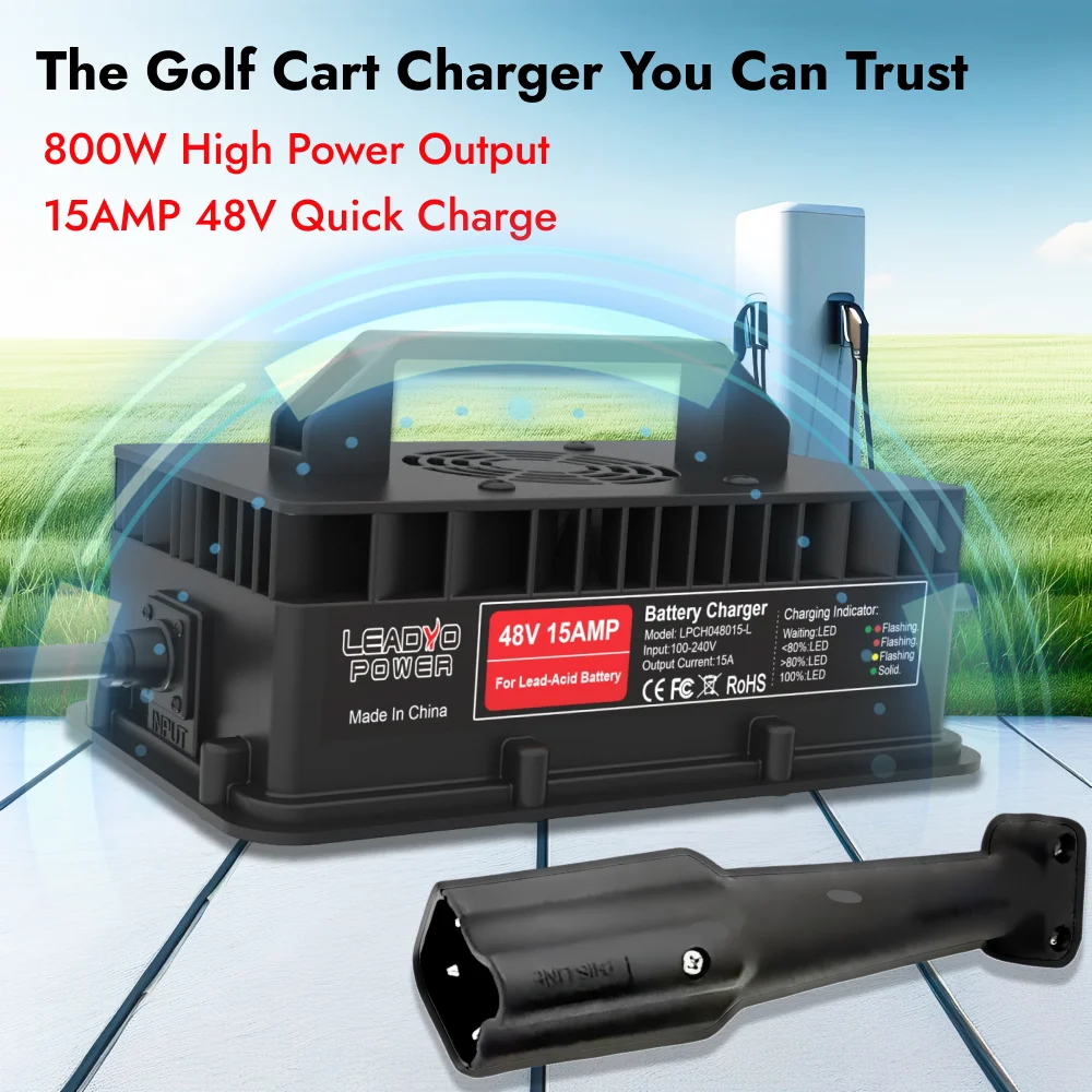 Lead-acid Battery 48V 15A Charger for Golf Cart Yamaha G29 with 3-Pin Plug Battery intelligent Charger 800W IP67 waterproof