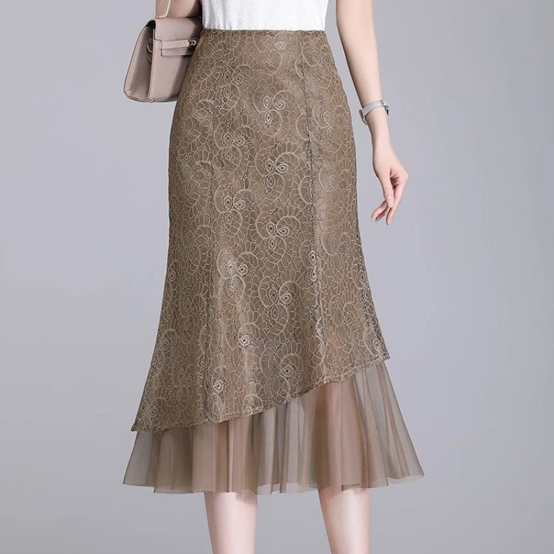 

Summer Women High Waisted Lace Patchwork Ruffles Mesh Trumpet Skirt , 2025 New Black Slim Mermaid Skirts for Woman