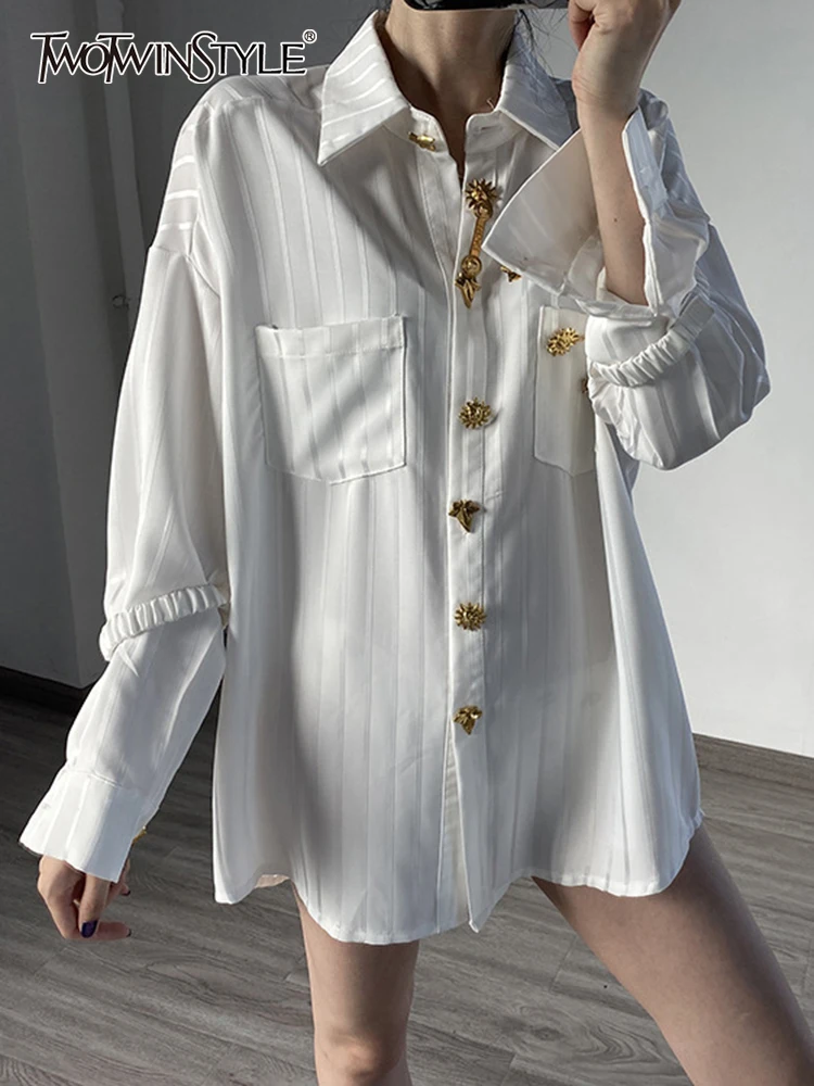 TWOTWINSTYLE Casual Plain Blouses For Women Lapel Long Sleeve Patchwork Diamonds Single Breasted Shirts Female 2022 Clothing New