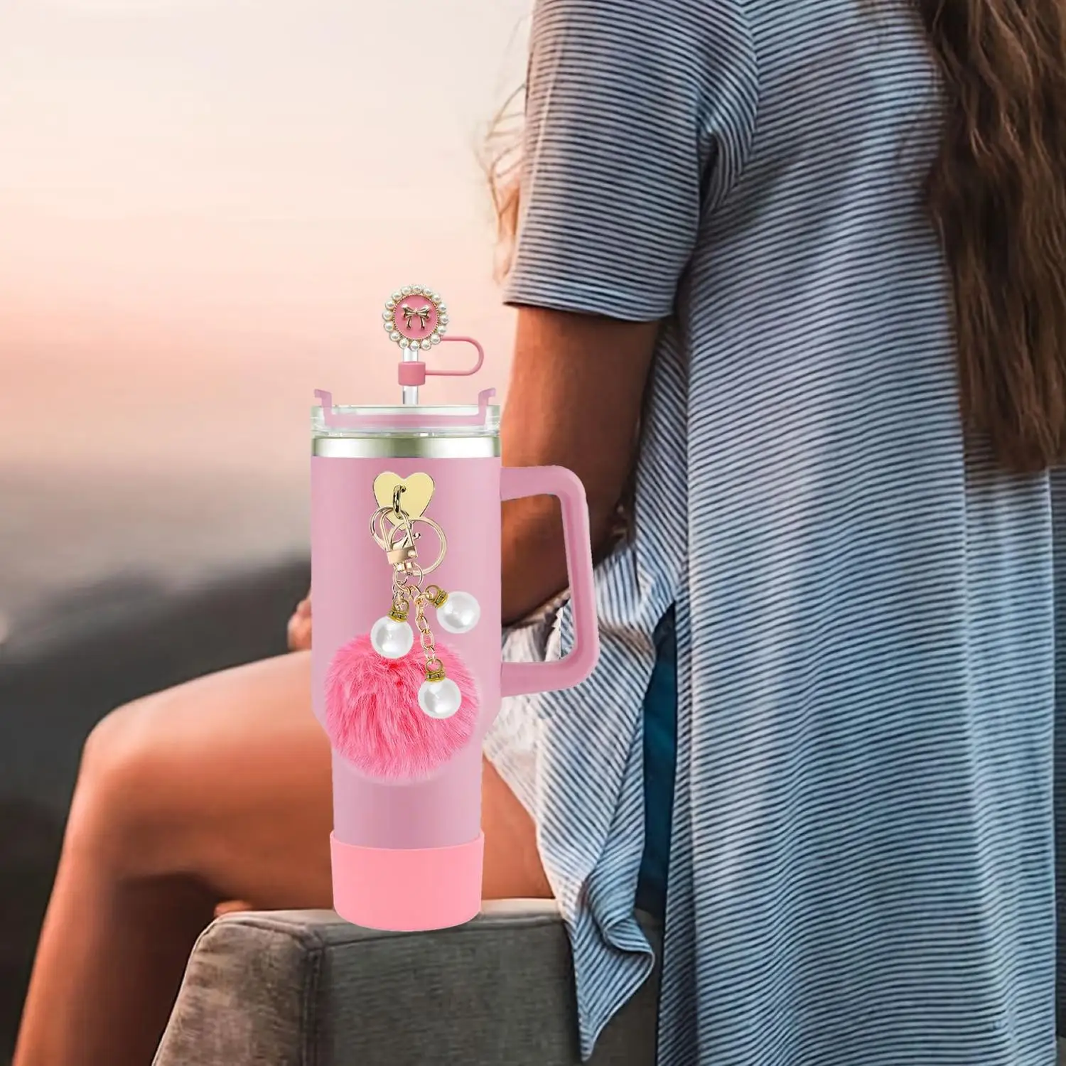 For Stanley Tumbler Gift Box Set with Straws Straw Cleaning Brushes Christmas Elk Pom-Pom Keychains - New Arrival