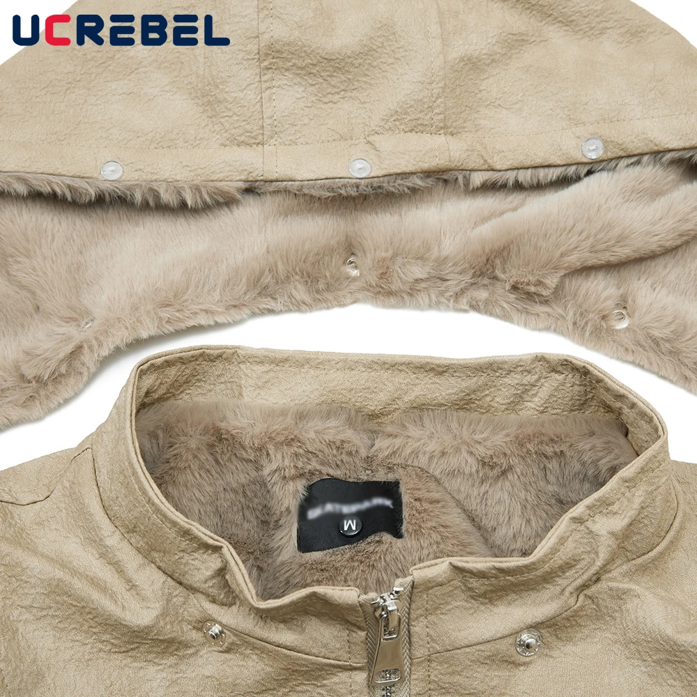 Spliced Pocket PU Leather Padded Jacket Mens Winter Thick Retro High Street Loose Long Sleeve Removable Hat Outerwear Man