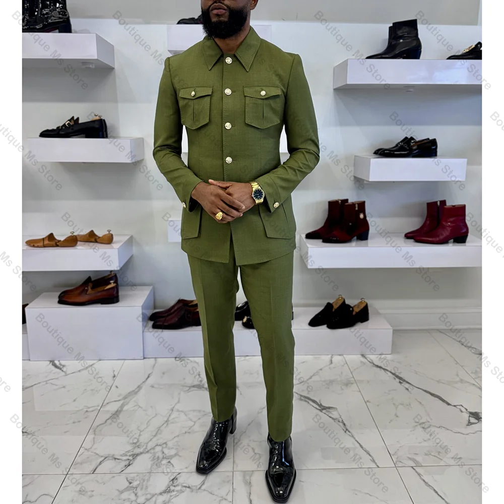 Green Four Pocket Single Breasted Men Suit Two Pieces(Jacket+Pants) Outfits Casual Party Prom Wedding Set
